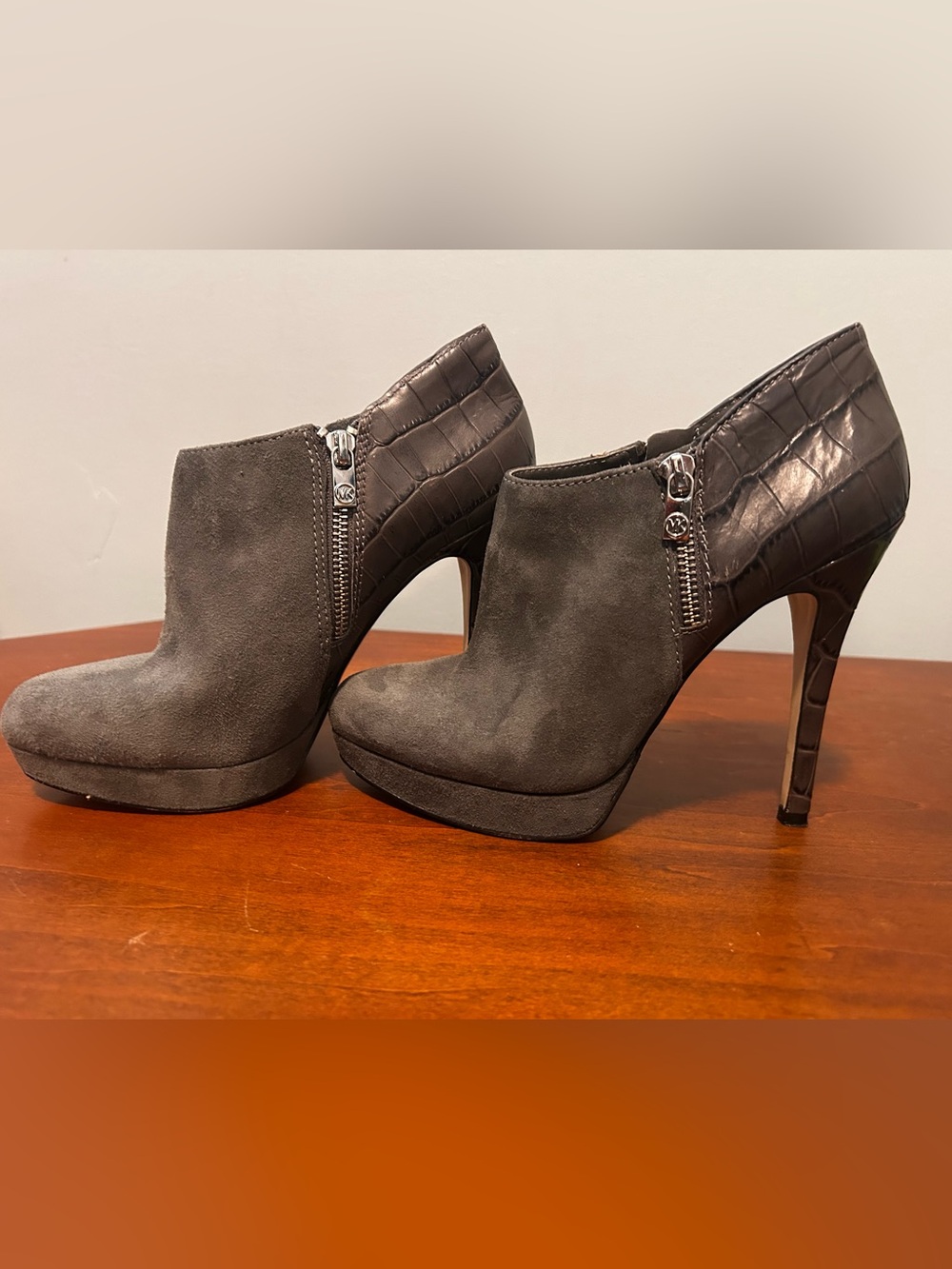 Michael Kors Gray Suede platform Embossed stiletto Ankle Booties silver hardware